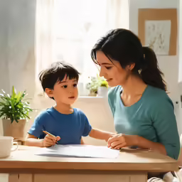 a woman and a child with pen on table