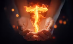 two hands holding a fire cross against a black background