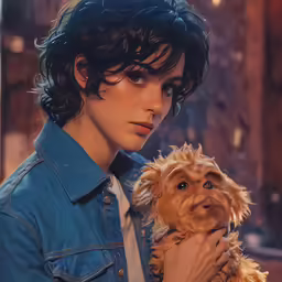 a woman holds a small dog on her lap