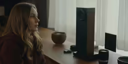a woman looks at the electronic device beside her