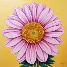a close up of a large pink flower on a yellow background,a painting of a pink flower on yellow background
