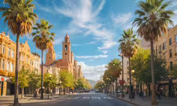 a view down a tree lined street at an old building