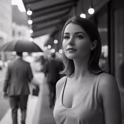 black and white photograph of woman standing in city street