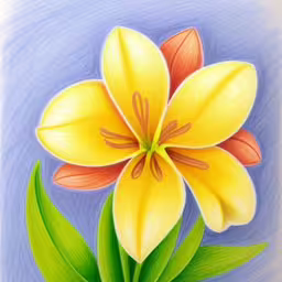 a painting of yellow and red flowers on blue paper,there is a colored drawing of a flower