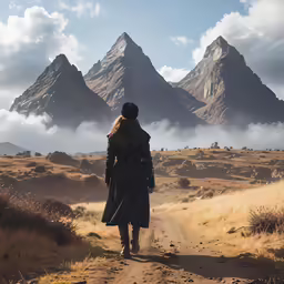 there is a woman standing on a dirt road near some mountains