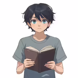 a young person with black hair is holding a book