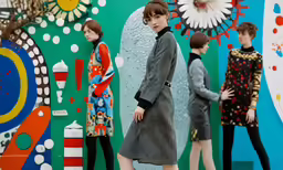 a model walks down the runway in front of a mural