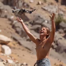 a young boy plays with a remote controlled quad - rotor plane