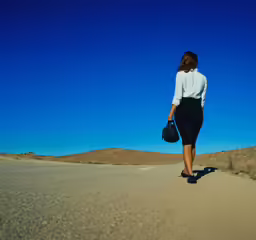 the woman in the skirt is walking through the desert