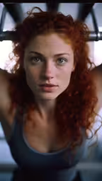 a woman with red hair is looking to the side,a red haired woman holds a bar in her hands