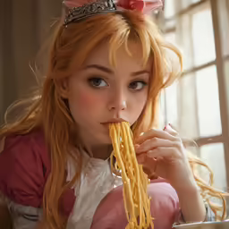 a young blonde girl wearing a pink bow eating spaghetti