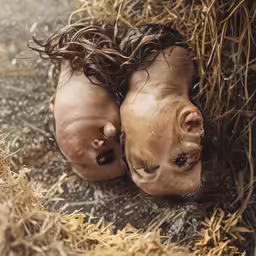 two baby dolls are laying on some dry hay