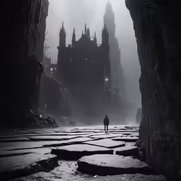 a man walks in a dark tunnel past a castle