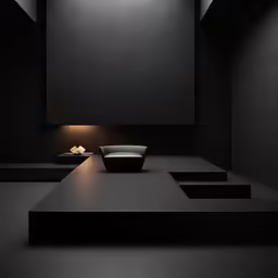 a modern living room with a black couch and a white table