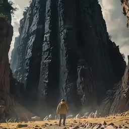 a man standing in the desert near a mountain range