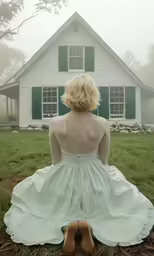 a woman is sitting in front of a house
