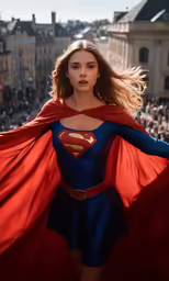 a woman dressed in a superman outfit poses for a photo