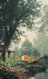 two chairs by the edge of the pond are surrounded by fog