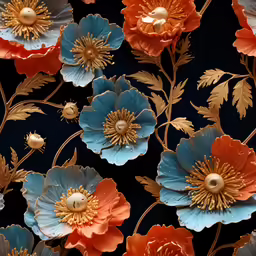 an array of red and blue flowers on a black background