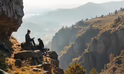 a couple of people sitting on a cliff edge