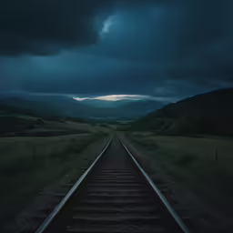 the train track is very dark and dimly lit