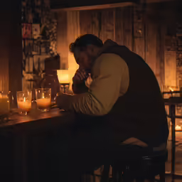 the man is sitting at a bar with many candles