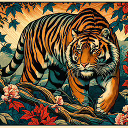 an ornate picture of a tiger on a branch