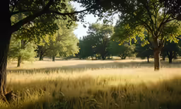 a sunny and peaceful scene of trees in the distance