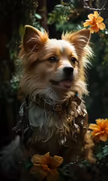 a brown and white dog standing next to some yellow flowers