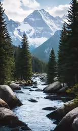 a river flows near some pine trees and tall mountains