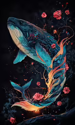 a painting of a blue whale and pink roses