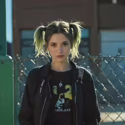 young woman with hair pinned in pigtails looking off camera