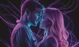 a couple are looking at each other in a neon scene