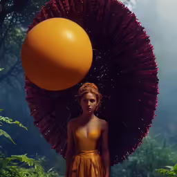 a young lady with long red hair stands in the midst of the trees and features an oversized orange umbrella