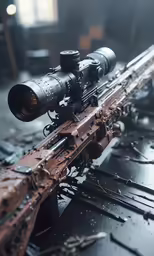 a rifle sits atop top of a table