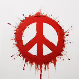 a red peace sign over white and splashy red paint