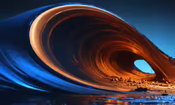 the water has been illuminated by bright orange lights,the waves make them glow in the dark water