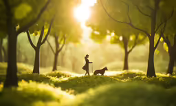 a woman walking a dog through a lush green park