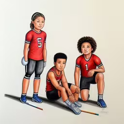 a drawing of two young boys sitting on the ground,a painting of three kids, wearing jerseys