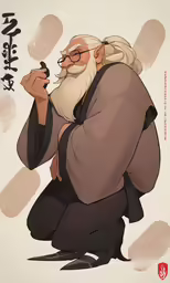 an older man kneeling on the ground while writing
