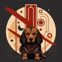 a dog in a space suit, with the rocket behind it