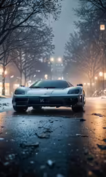 a silver sports car on a rainy street with trees and lights