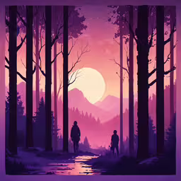 a couple and a small child walk through the forest at dusk,two people are walking down a forest path in the moonlight