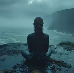 a woman sitting on a rock looking at the ocean,a woman sitting on the ground in the water