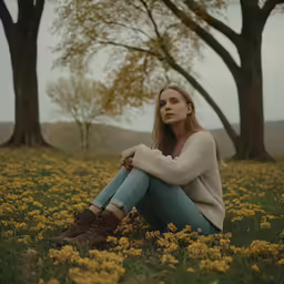 a woman sitting on the ground near trees