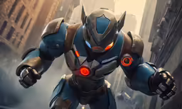 a blue robot with two large orange lights