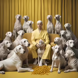 an old man surrounded by dogs in front of a couch