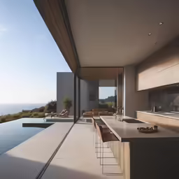 an open dining area with chairs and kitchen counter