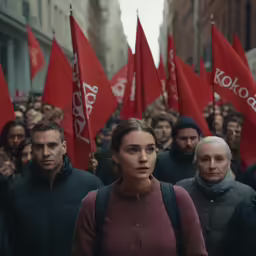 many people with flags are standing in front of each other