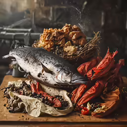 a fish and dried fruits, including a carrot, and an almond